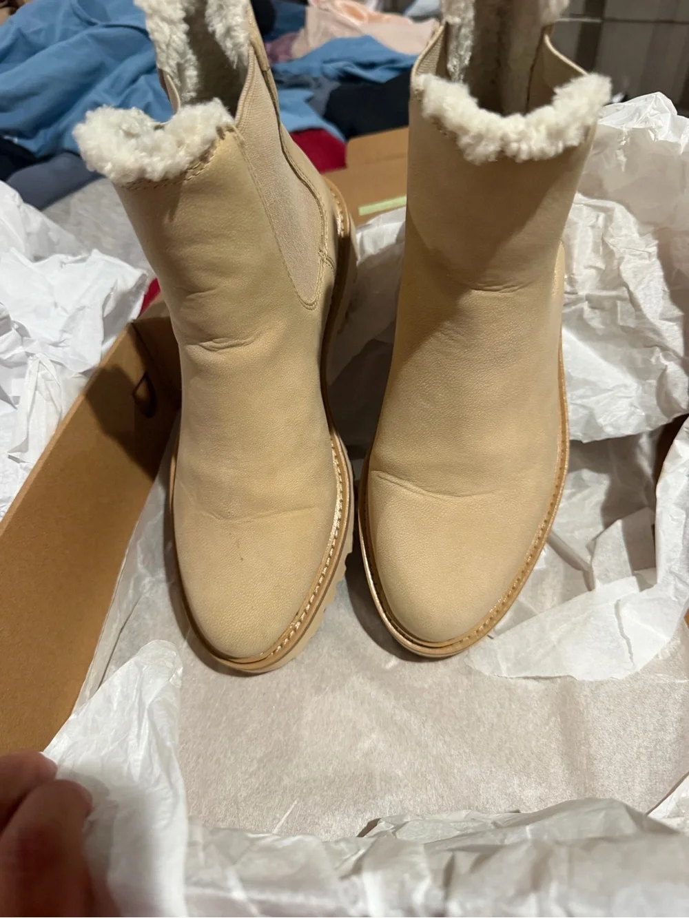 J. Crew Cream Chelsea Lug Ankle Boots with Faux Shearling Trim - Picture 3 of 6